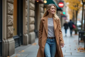 Femme élégante marchant en ville avec un manteau camel