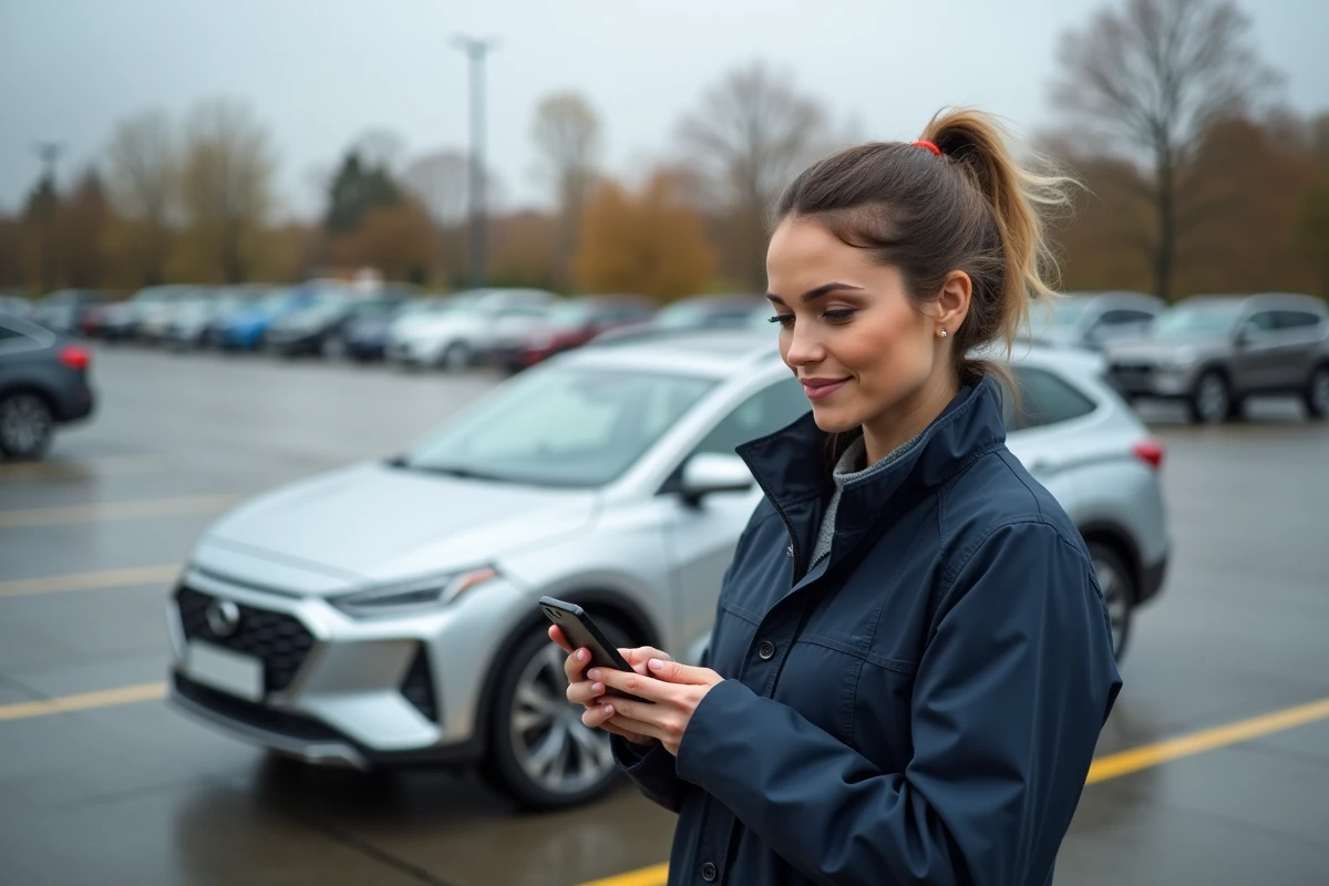 Femme vérifiant la cote de sa voiture sur smartphone dans un parking, argus automobile gratuit