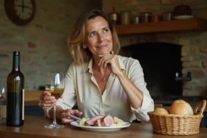 Femme dégustant un vin blanc avec filet mignon au roquefort