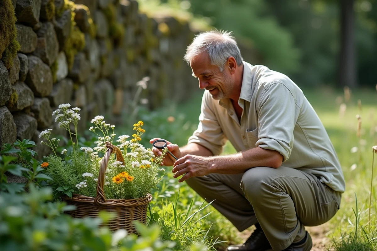 Herboriste français cueillant des plantes sauvages en forêt selon les traditions ancestrales de phytothérapie