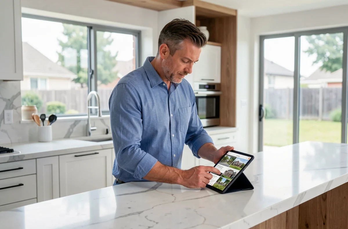 Homme consultant une application immobilière sur tablette dans une cuisine moderne