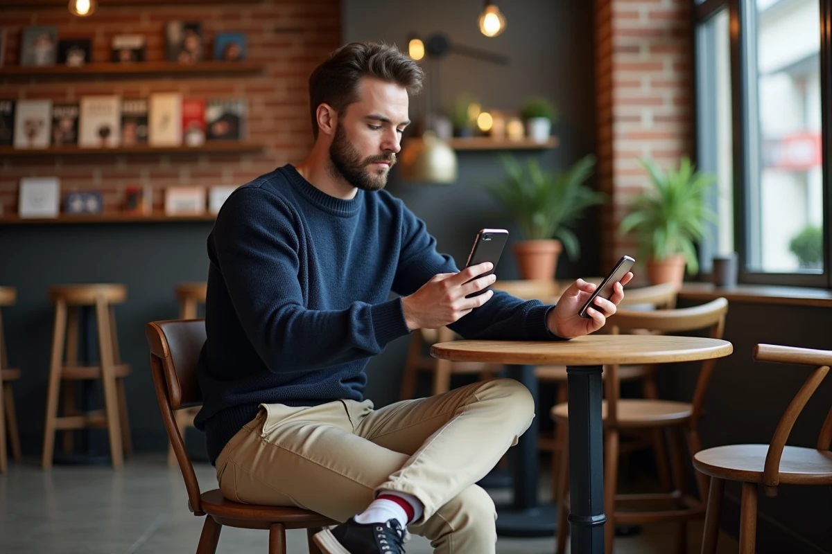 Homme assis au café en train de regarder son téléphone
