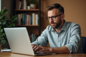 Homme consultant l'argus automobile en ligne sur un ordinateur portable dans un bureau à domicile