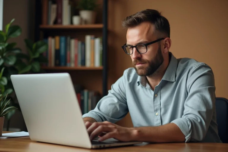 Homme consultant l'argus automobile en ligne sur un ordinateur portable dans un bureau à domicile