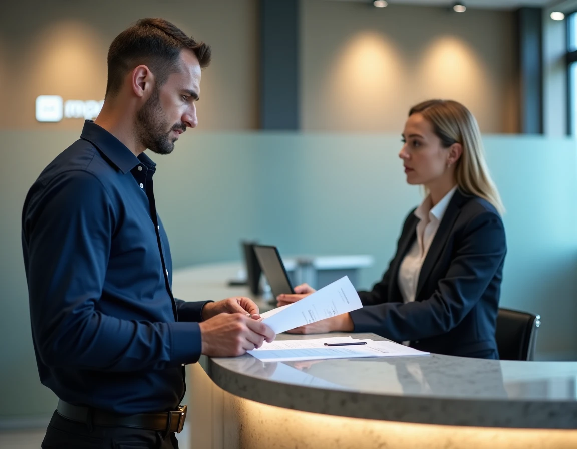 Homme consultant ses documents financiers dans une agence bancaire moderne