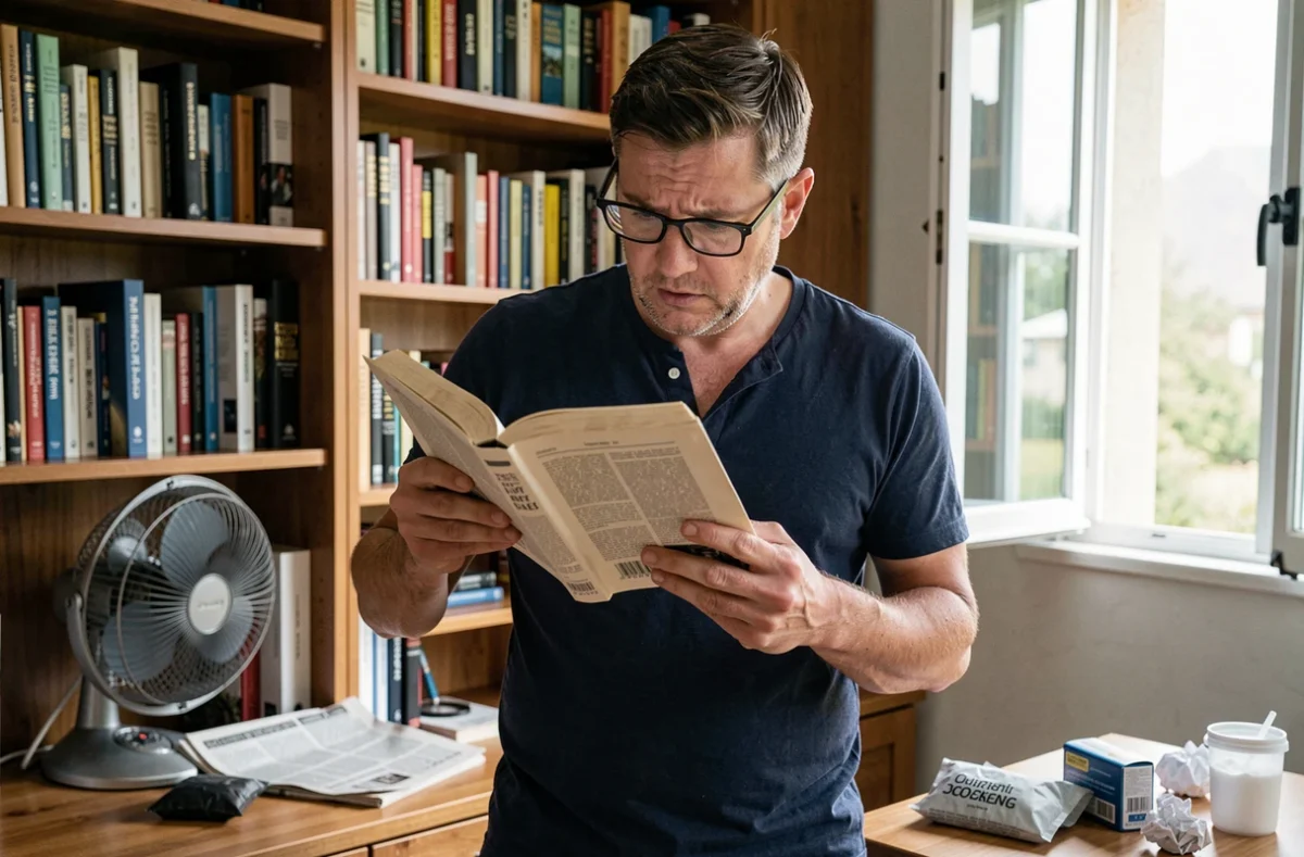 Homme qui sent les pages d'un livre pour vérifier l'odeur d'urine de chat dans un bureau à domicile avec des remèdes naturels
