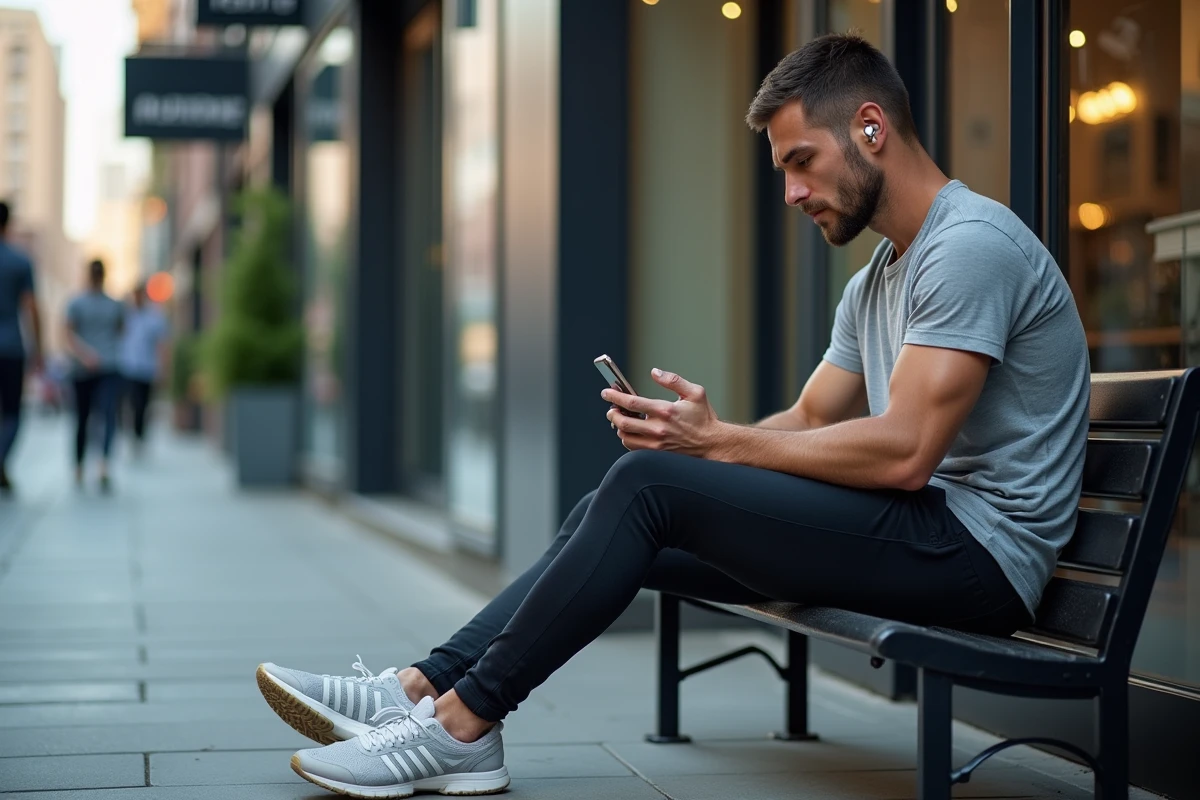 Homme détendu regardant son téléphone devant la salle de sport