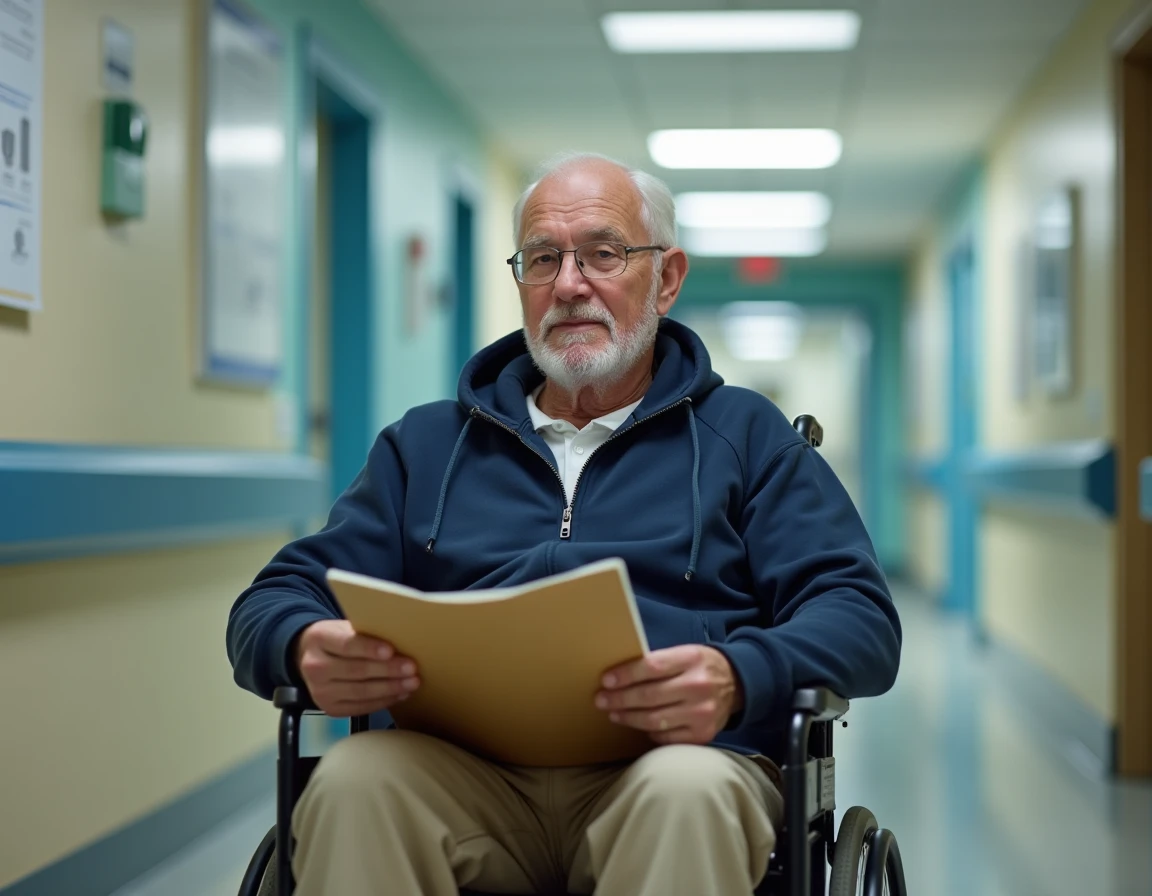 Homme en fauteuil roulant dans un couloir d'hôpital consultant des documents relatifs à son dossier d'invalidité