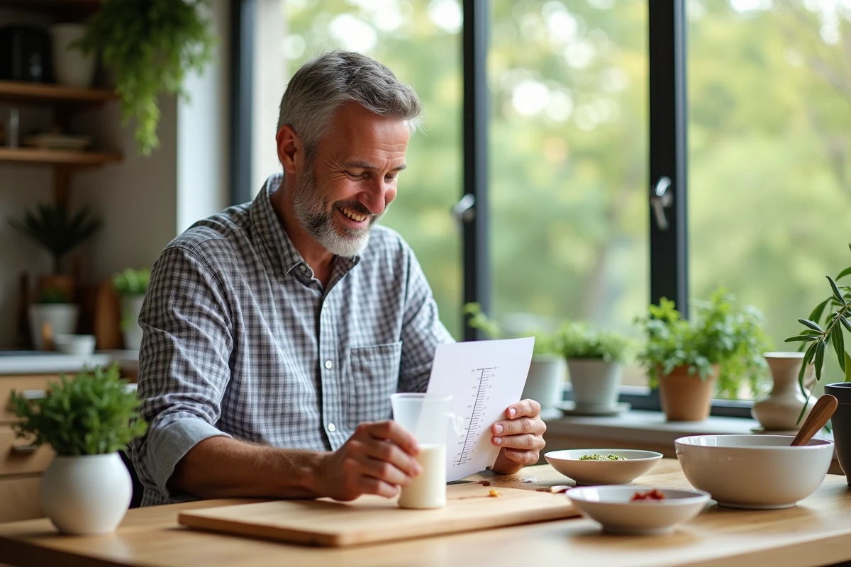 Homme souriant lisant une recette avec un verre doseur