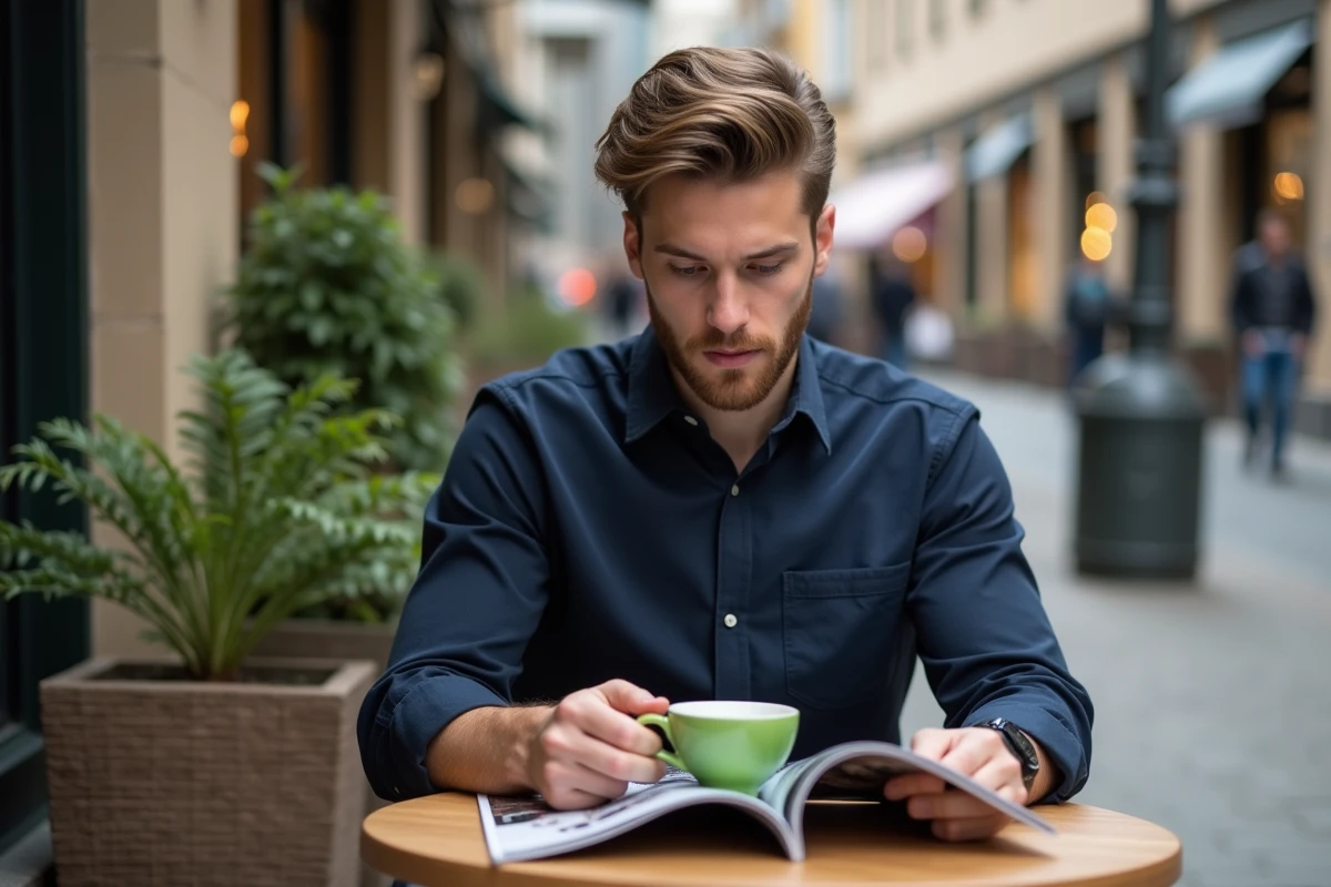 Jeune homme lisant magazine dans un café en plein air