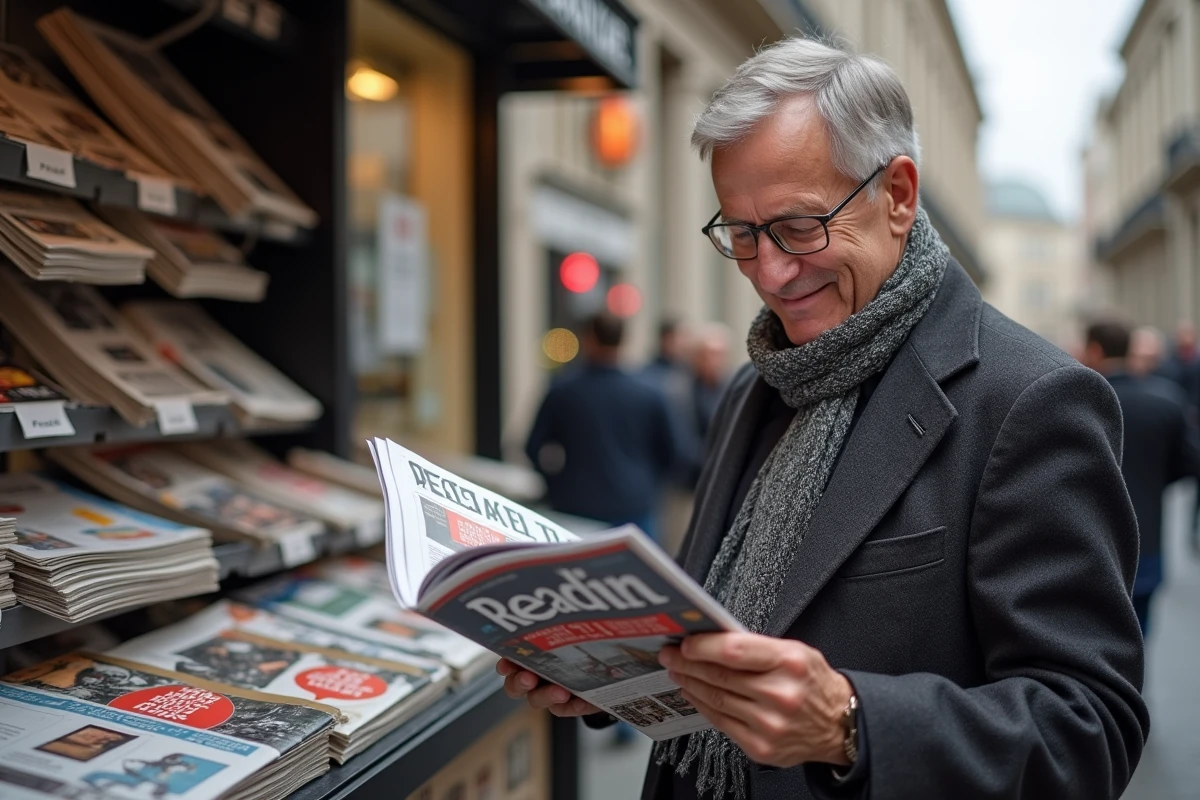 Homme dans la rue feuilletant Read it devant un kiosque
