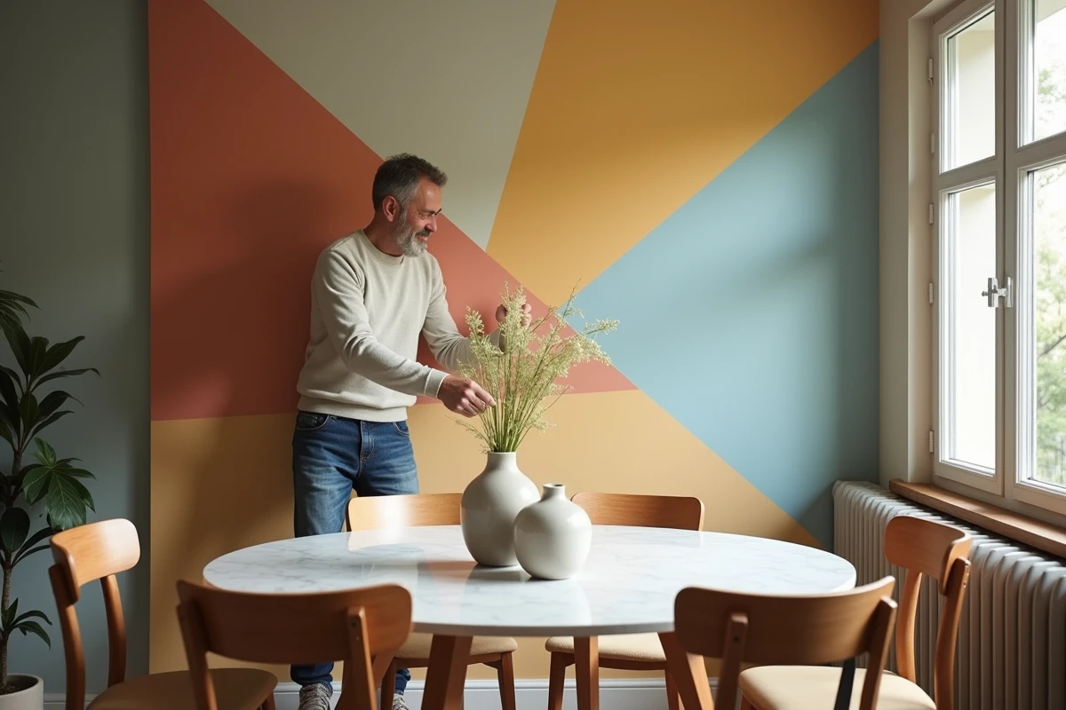 Homme créatif accrochant un mural géométrique dans la salle à manger