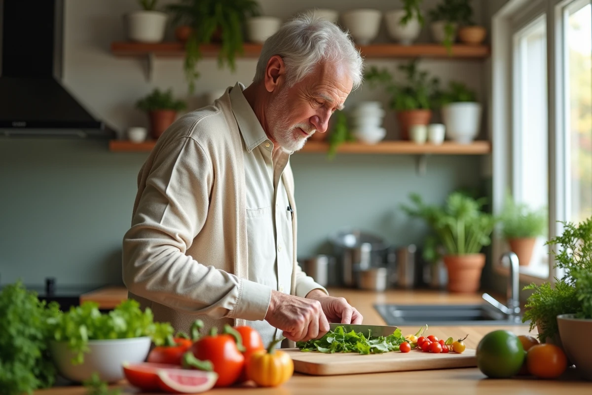 Homme âgé préparant une salade dans une cuisine lumineuse