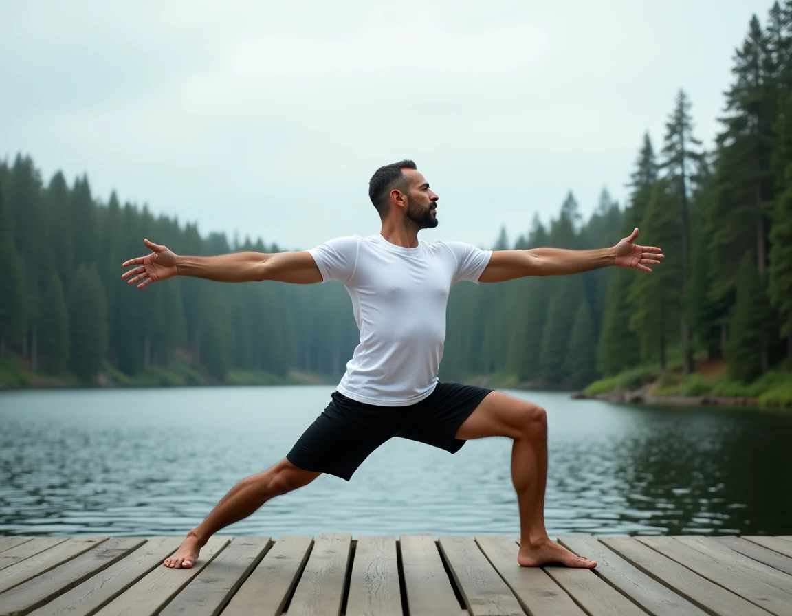 Homme pratiquant le yoga en plein air sur un ponton face à un lac, symbole de l'équilibre mental et physique apporté par l'activité sportive