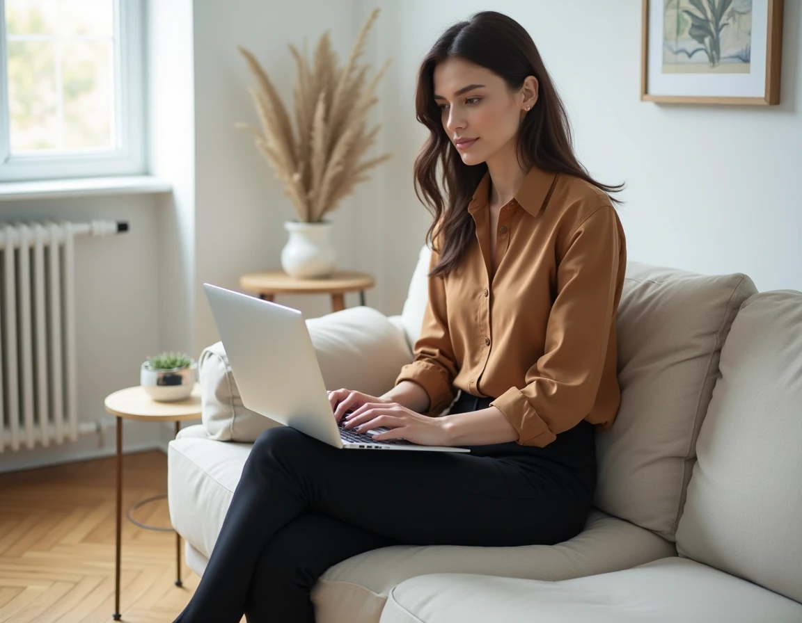 Jeune entrepreneuse travaillant sur sa présentation personnelle depuis son salon moderne