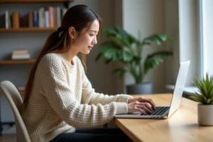 Jeune femme en sweater beige utilisant un ordinateur portable
