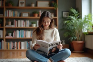 Jeune femme lisant Read it dans un salon chaleureux