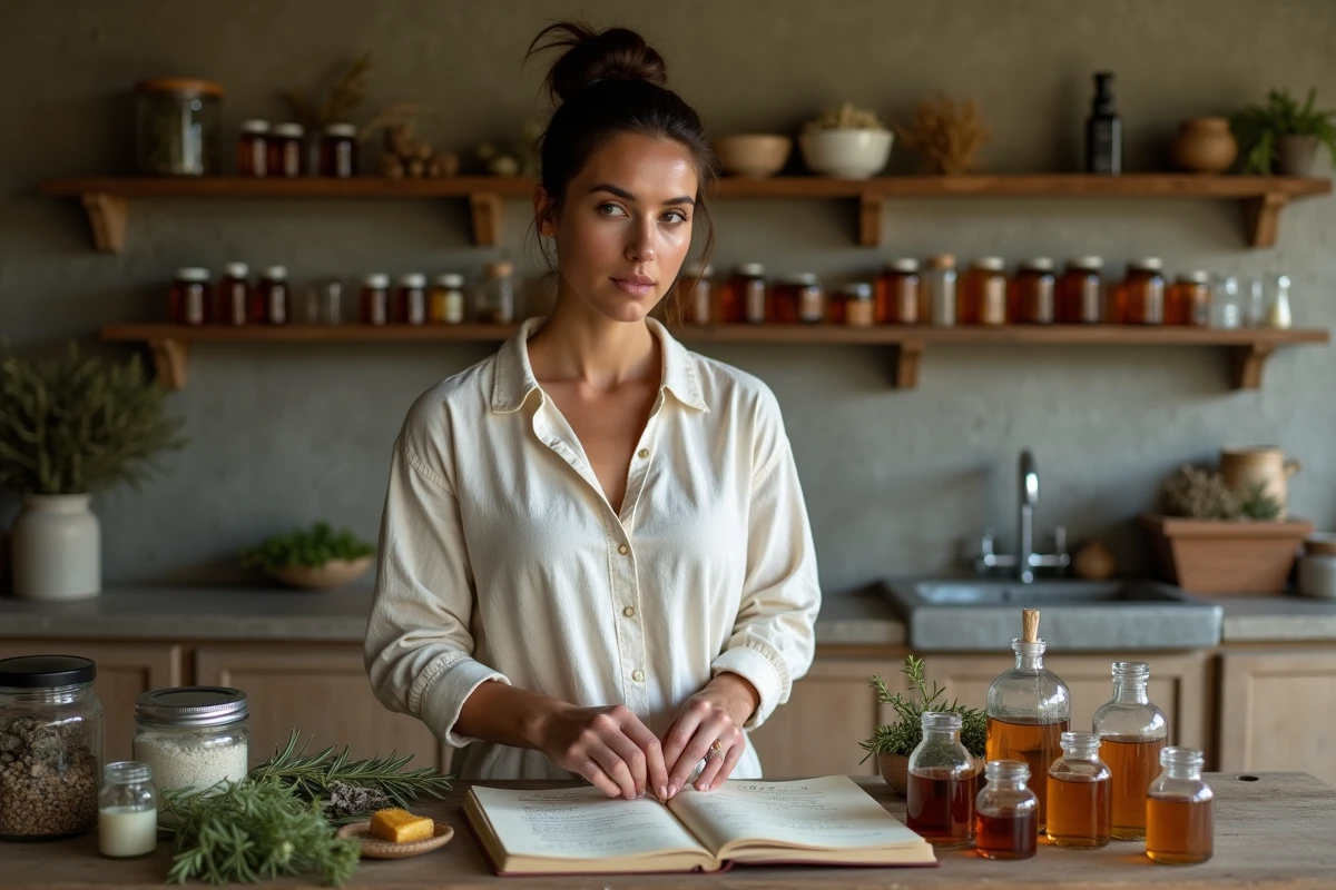 Jeune femme préparant des remèdes à base de plantes dans un atelier d'apothicaire traditionnel français