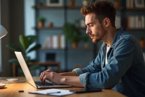 Jeune homme concentré travaillant sur un code à son bureau