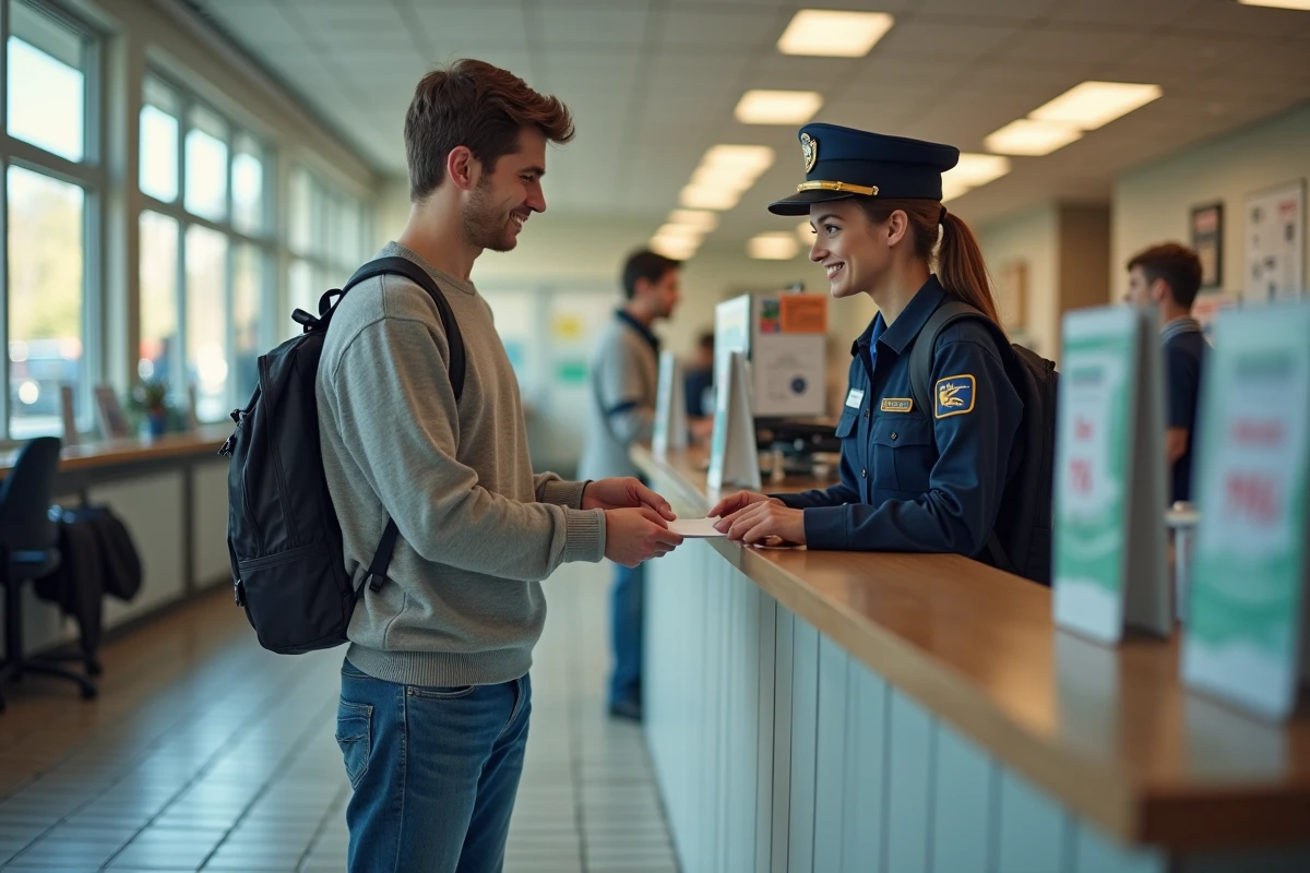 Jeune homme au bureau de poste présentant une lettre à un employé