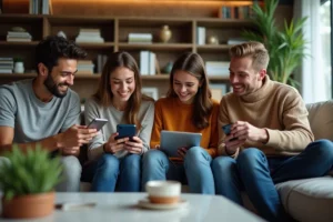 Jeunes adultes discutant autour d'une table avec appareils numériques