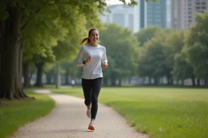Femme en jogging dans un parc urbain ensoleille