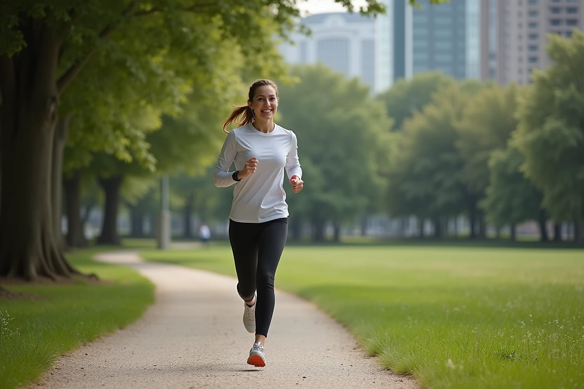 Femme en jogging dans un parc urbain ensoleille