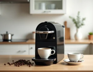 Machine à café à grain Krups EA815070 posée sur un plan de travail en chêne clair avec une tasse expresso et des grains de café
