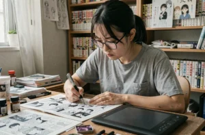 Jeune mangaka japonaise en train d'encrer une planche manga dans son studio créatif à Tokyo, entourée de références et de matériel de dessin professionnel