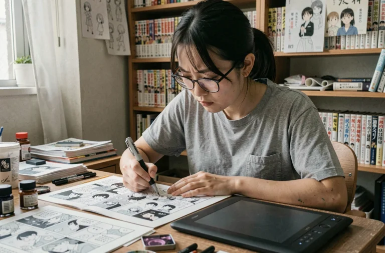 Jeune mangaka japonaise en train d'encrer une planche manga dans son studio créatif à Tokyo, entourée de références et de matériel de dessin professionnel