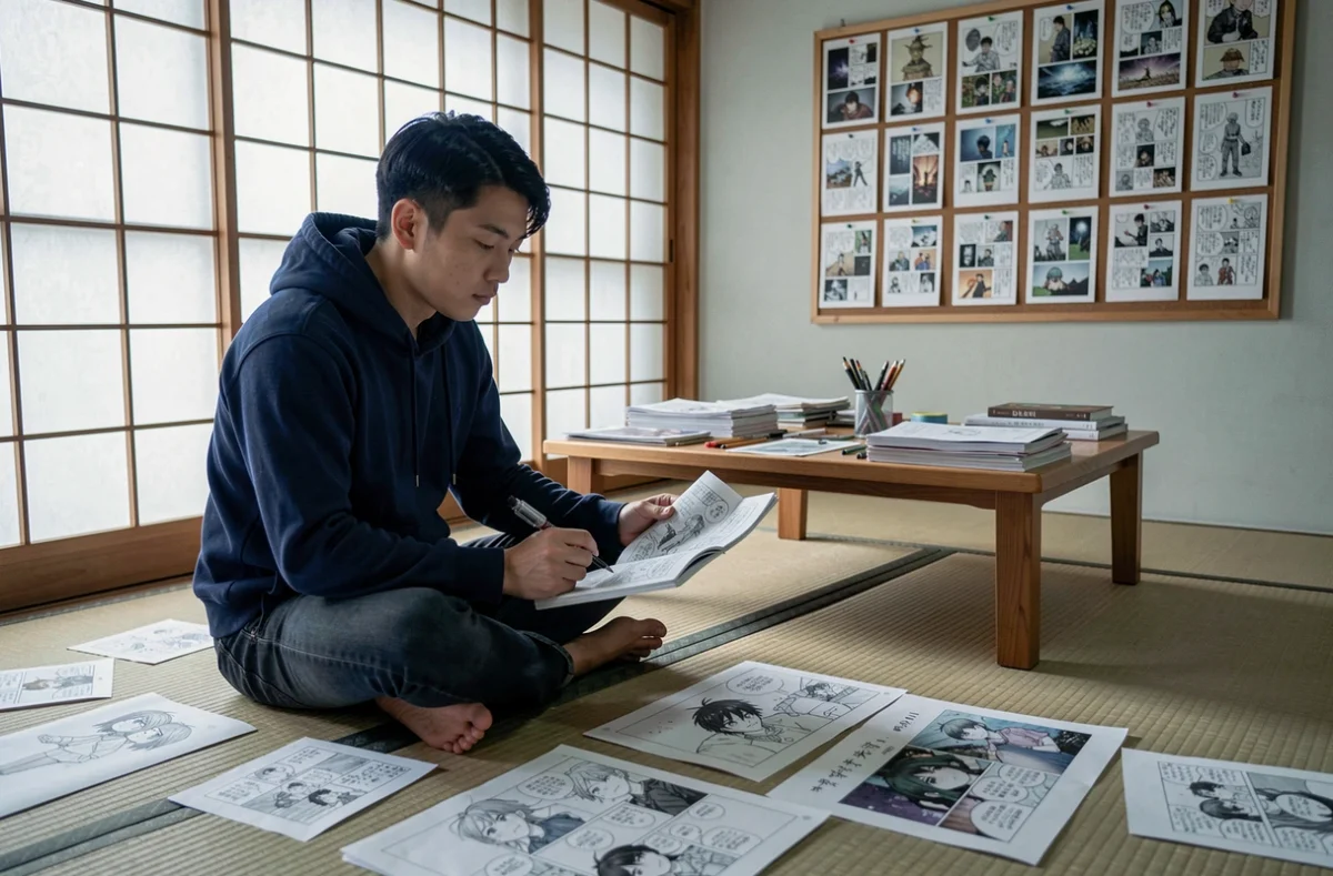 Jeune mangaka révisant ses story-boards et ses designs de personnages assis au sol dans un espace de travail minimaliste japonais
