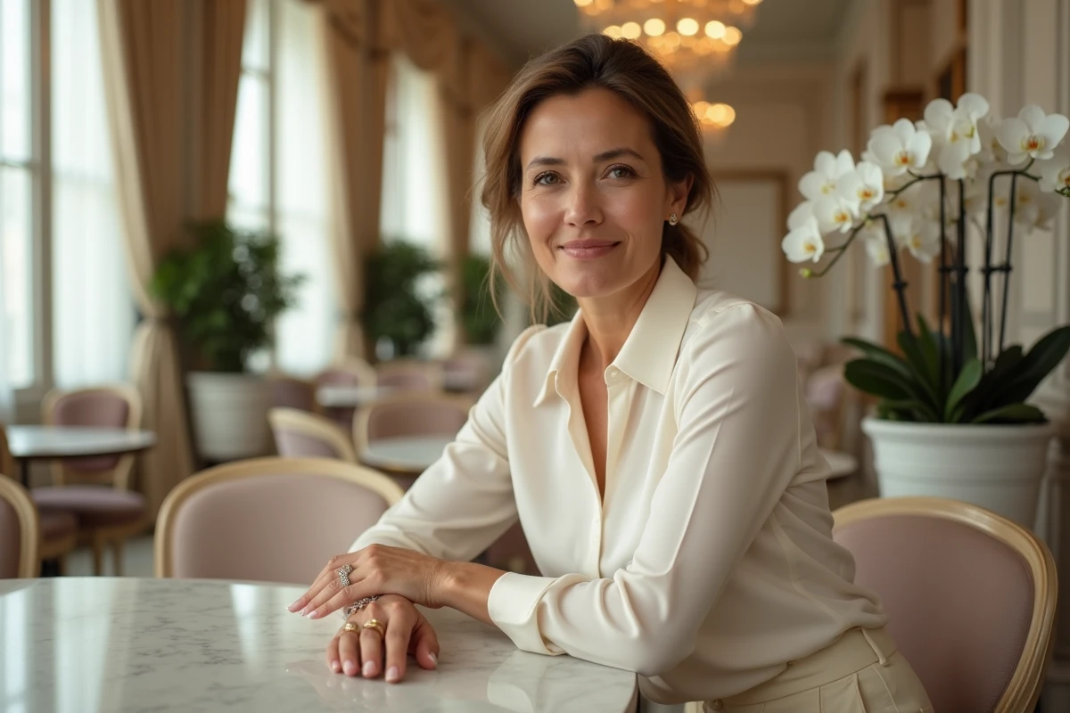 Femme élégante portant une bague de mariage en or dans un salon parisien raffiné, évoquant le mariage et le conjoint de Samantha de Bendern