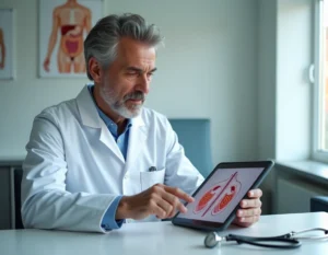 Médecin consultant des schémas anatomiques explicatifs sur tablette dans un cabinet médical moderne