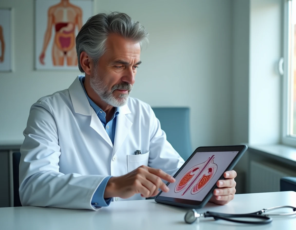 Médecin consultant des schémas anatomiques explicatifs sur tablette dans un cabinet médical moderne