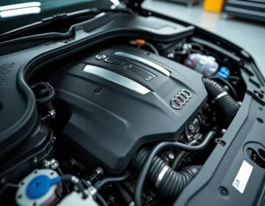 Moteur Audi TFSI turbocompressé avec badge chromé visible dans un atelier automobile professionnel