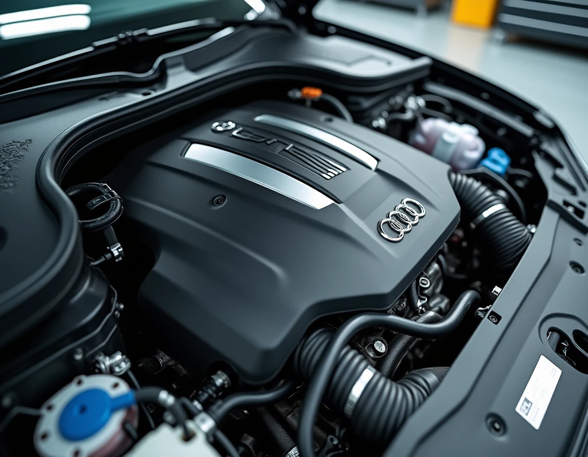Moteur Audi TFSI turbocompressé avec badge chromé visible dans un atelier automobile professionnel
