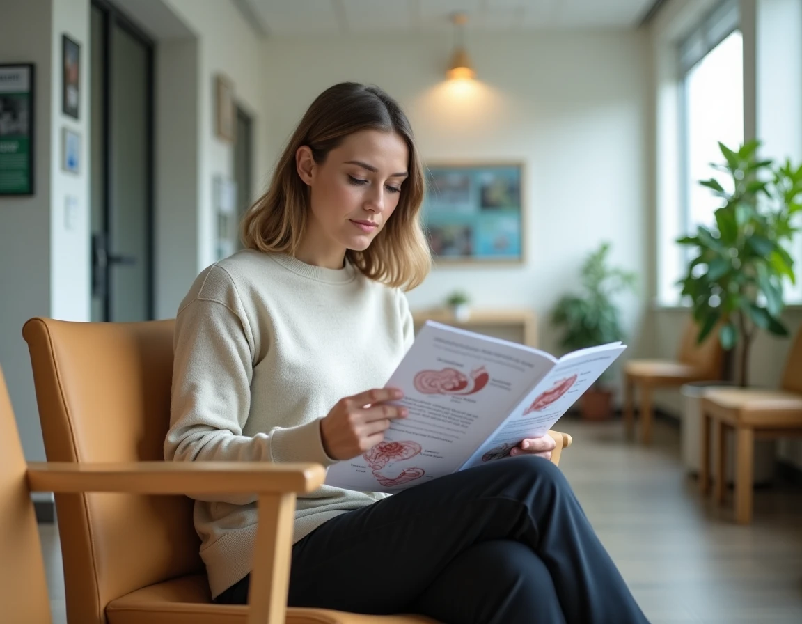 Patient lisant une brochure médicale illustrée sur les pathologies anorectales dans une salle d'attente gastro-entérologique