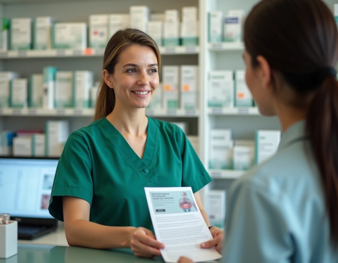 Pharmacienne remettant une brochure informative sur la santé anorectale à un patient dans une pharmacie française