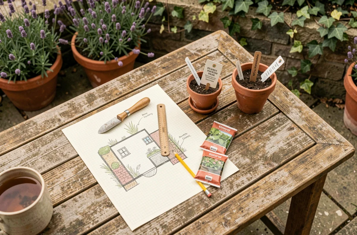 Vue aérienne d'une table de jardin en bois avec plan d'aménagement dessiné à la main, sachets de graines et outils de jardinage
