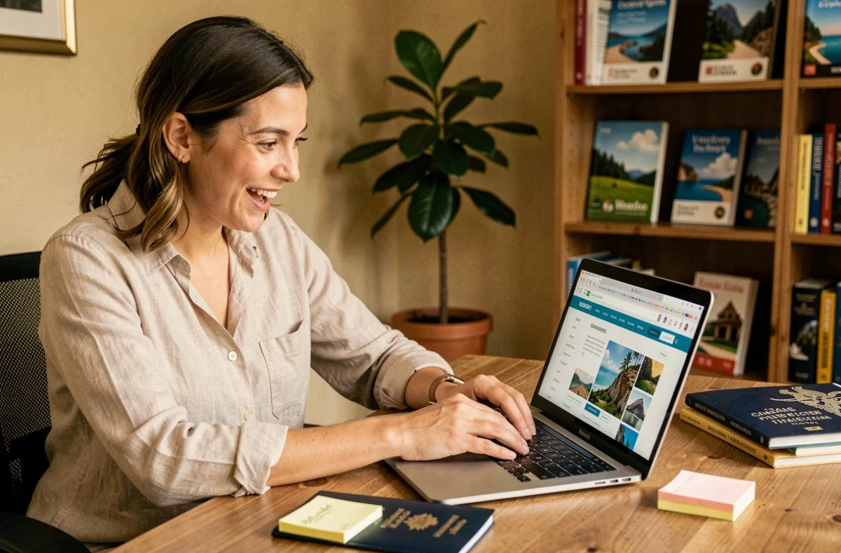 Femme planifiant un voyage inoubliable sur une plateforme spécialisée depuis son bureau à domicile