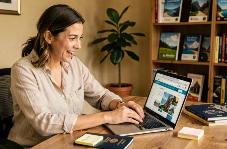Femme planifiant un voyage inoubliable sur une plateforme spécialisée depuis son bureau à domicile