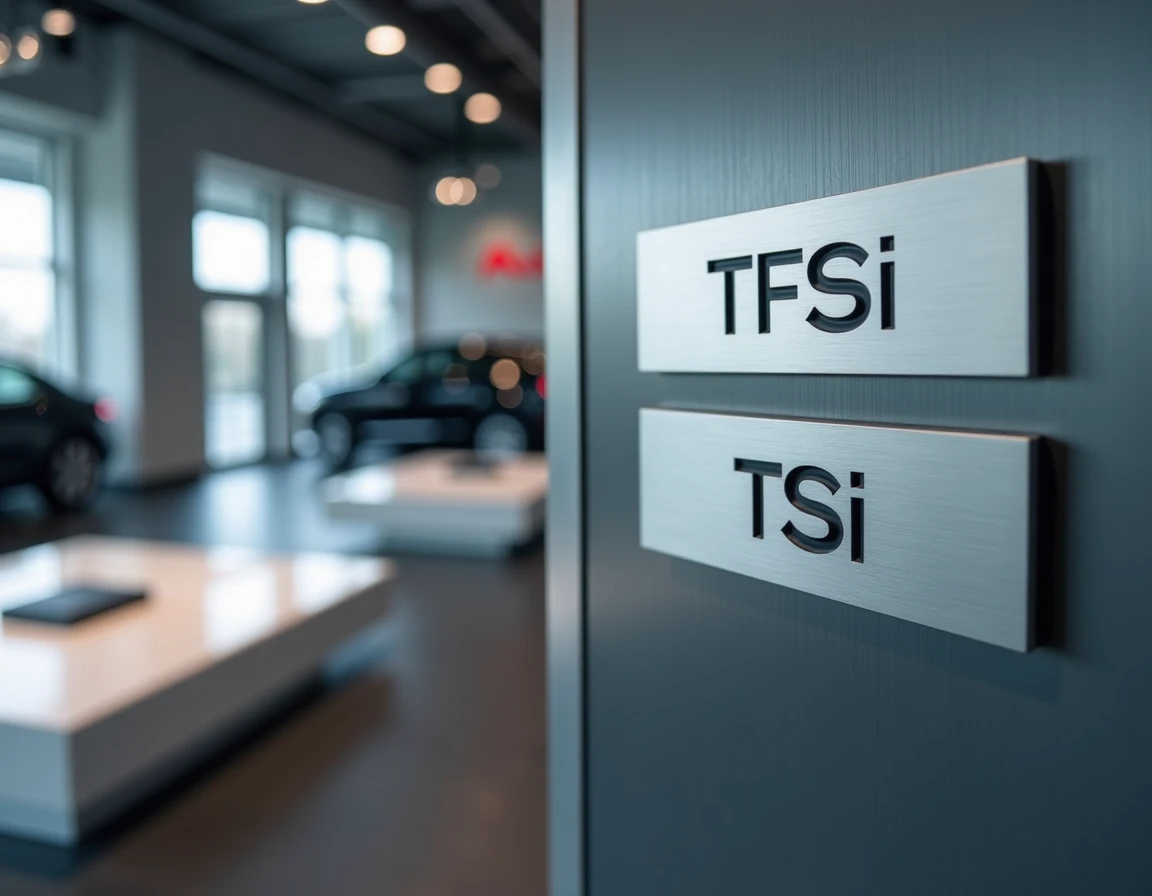 Plaques techniques TFSI et TSI côte à côte dans un showroom Audi pour comparaison des motorisations