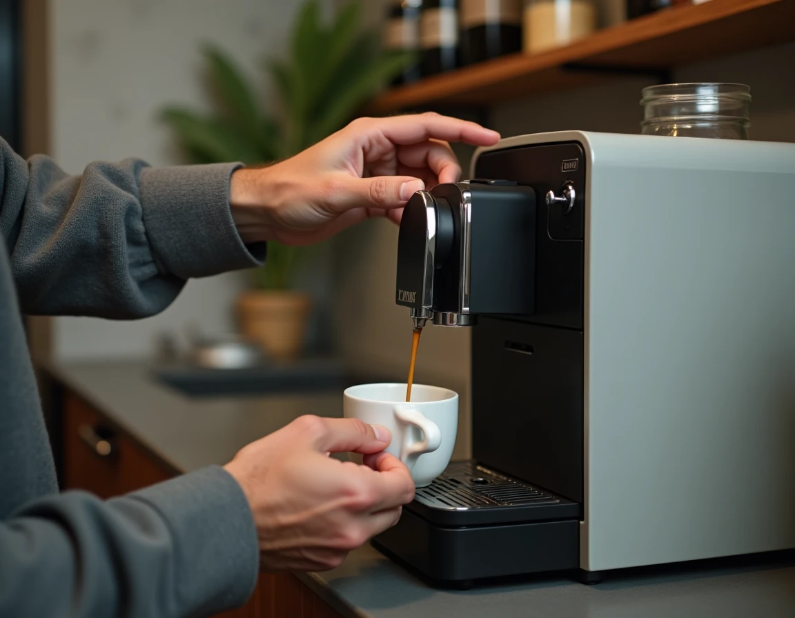 Homme préparant un expresso avec la machine à café Krups EA815070 dans une cuisine appartement moderne