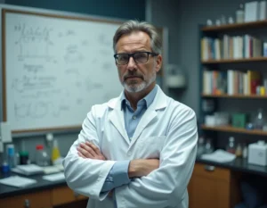 Scientifique sceptique devant un tableau d'équations dans un laboratoire universitaire