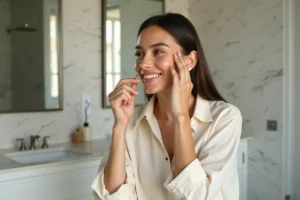 Femme appliquant un serum visage dans salle de bain lumineuse