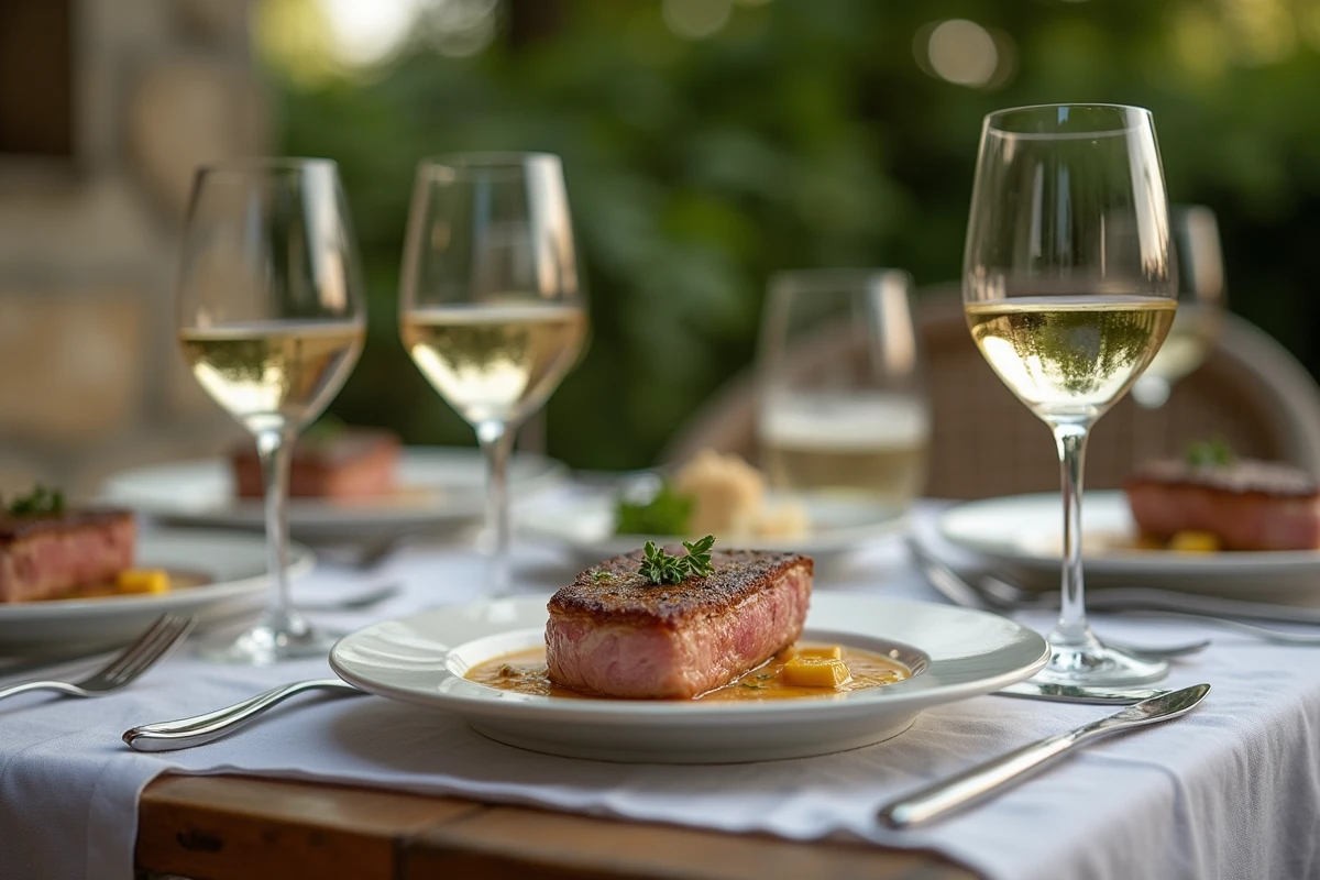Table de dîner en extérieur avec filet mignon et vin blanc