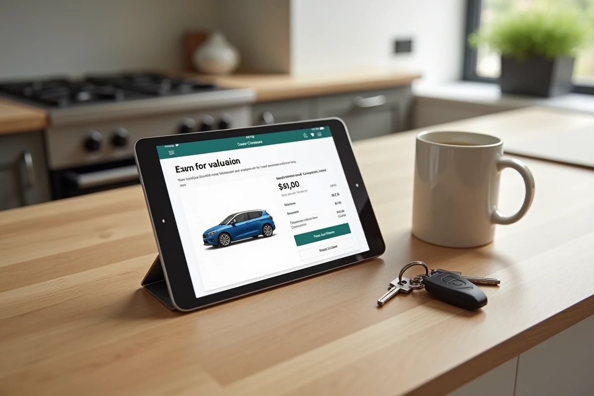 Tablette affichant les résultats de l'argus automobile gratuit avec clés de voiture sur une table de cuisine