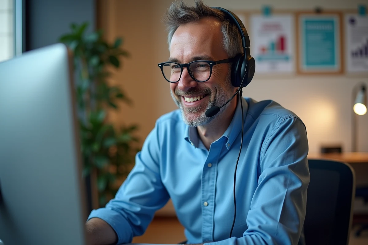 Support technique universitaire avec un homme en blouse bleue