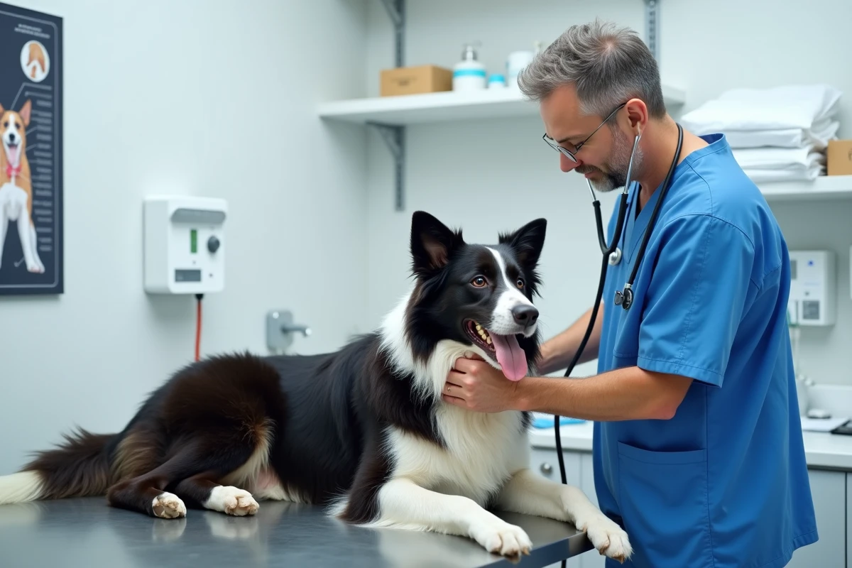Vétérinaire examinant un border collie sur une table de consultation dans une clinique vétérinaire moderne