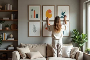 Femme arrangeant des impressions colorées sur un mur créatif